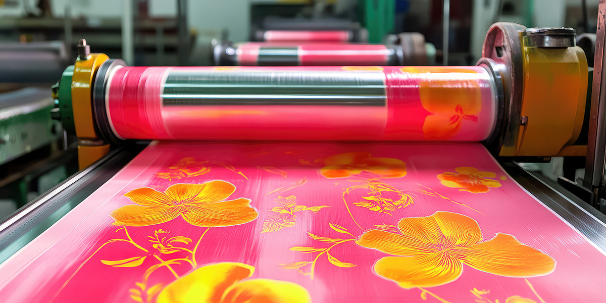 Process of printing a pattern on fabric in a factory on a machin